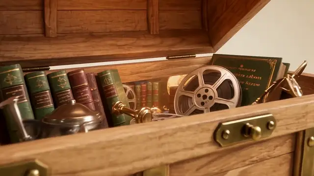 Камера всередині скрині Скарбу: книжки, кінобобіни, глобуси й платівки